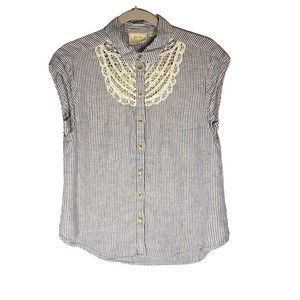 Maeve by Anthropologie Blue White Stripe Shirt Button Up Linen Lace Size XS